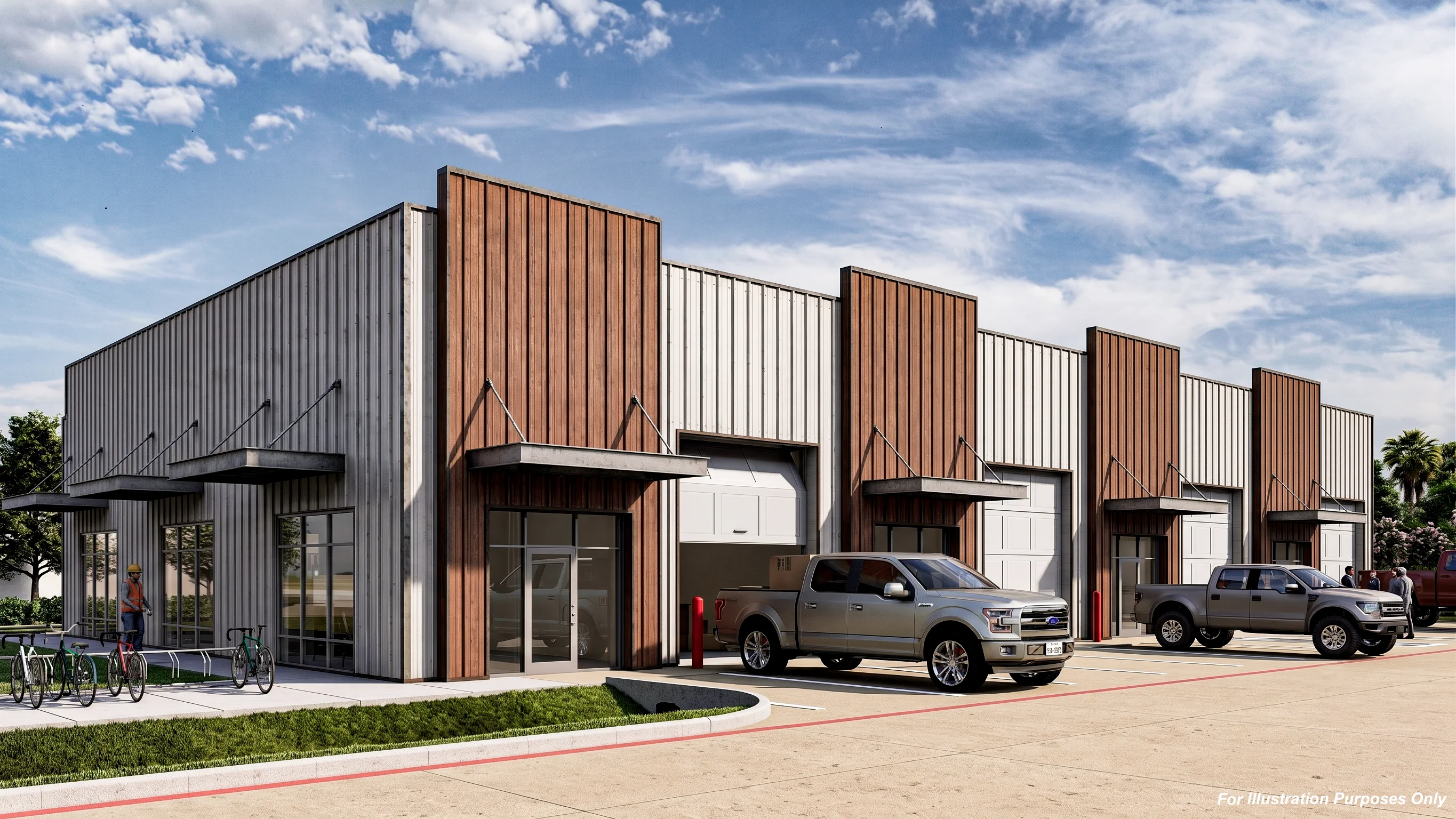 Architectural rendering of proposed McHard Flex suite façades and drive-in entries